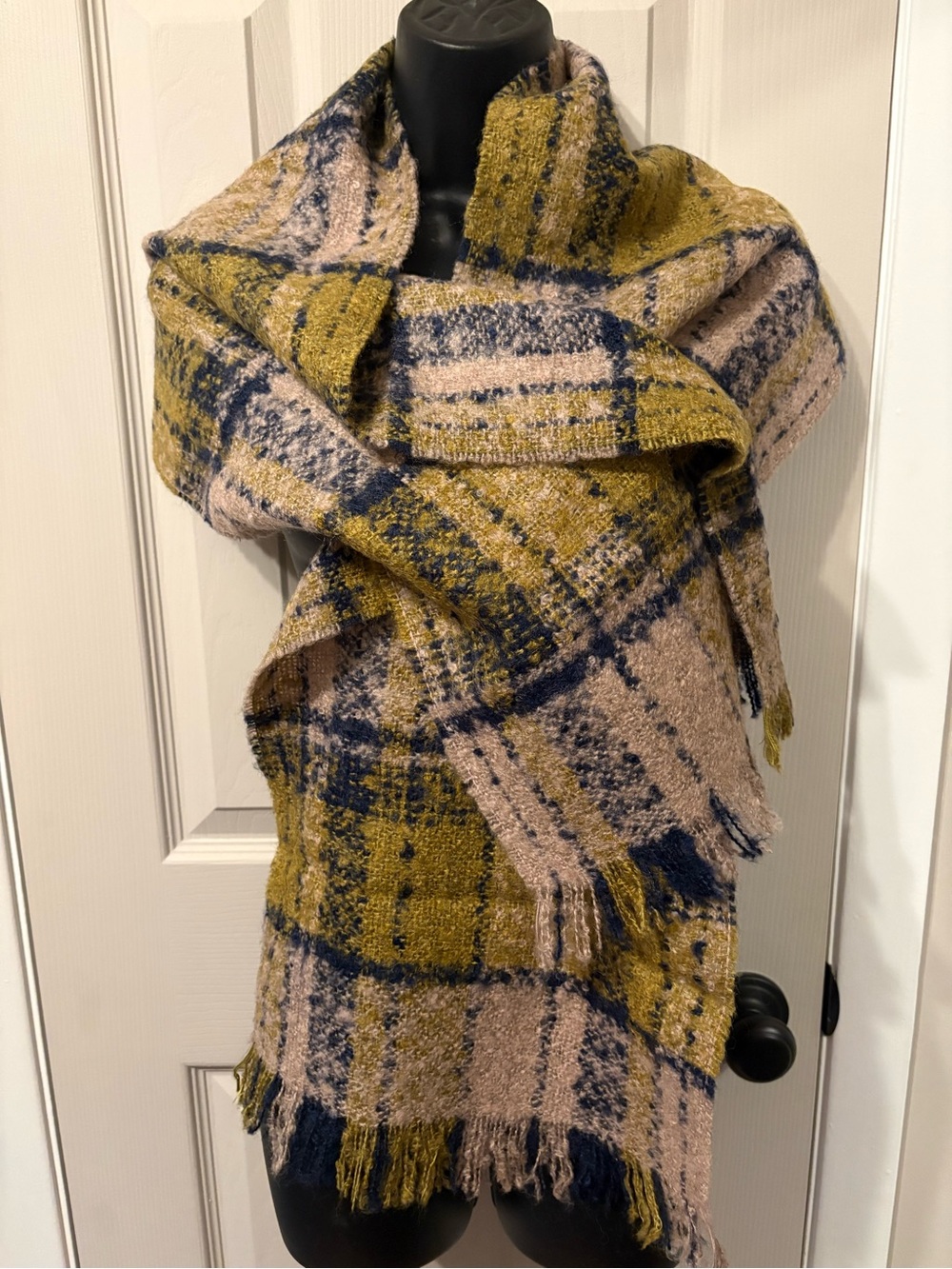 Vintage Plaid Mohair Blend Fringed Scarf - Made in France